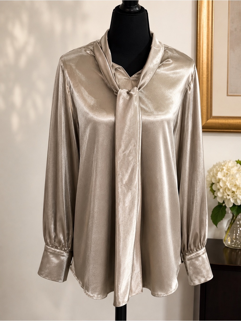 NWT Koandaily Satin Tie Neck Blouse Champagne Gold Long Sleeve XL